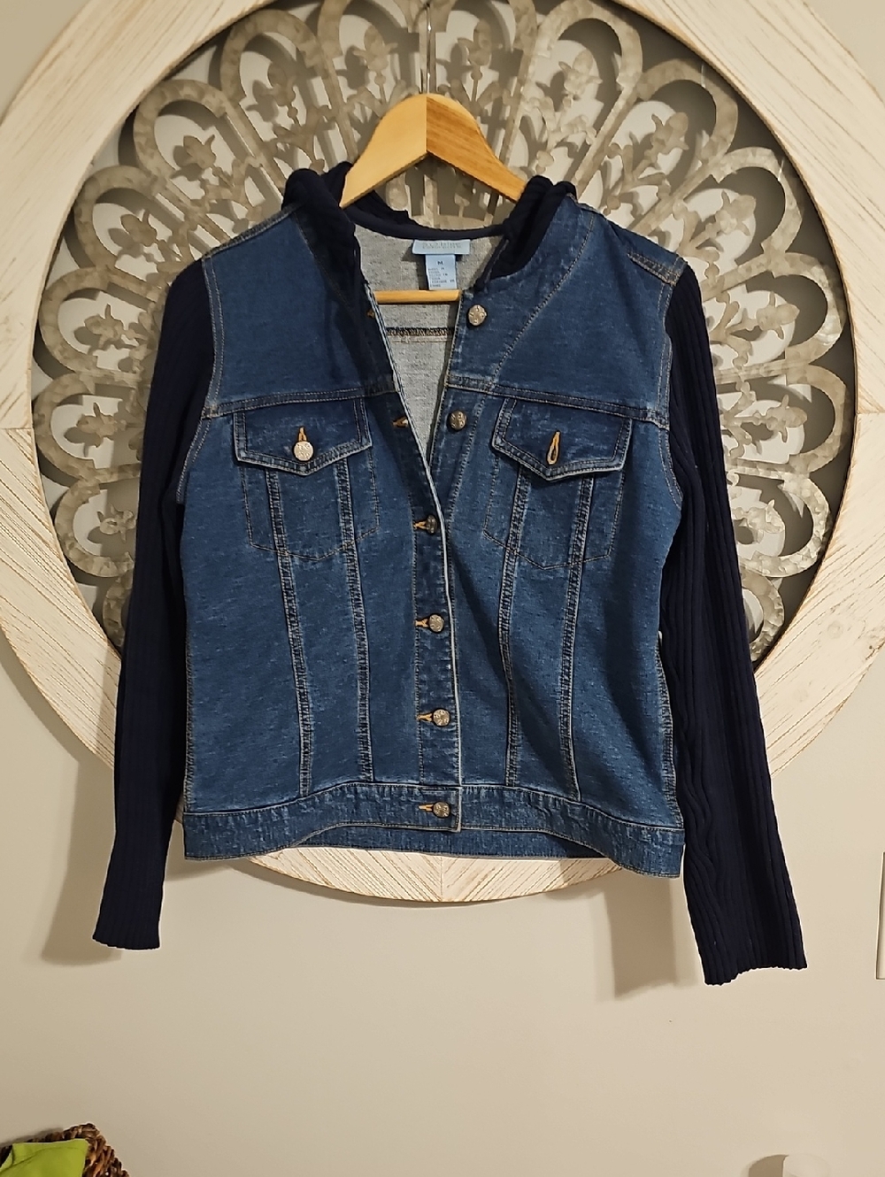 Sigrid Olsen Blue Denim Hooded Jacket with Navy Knit Sleeves